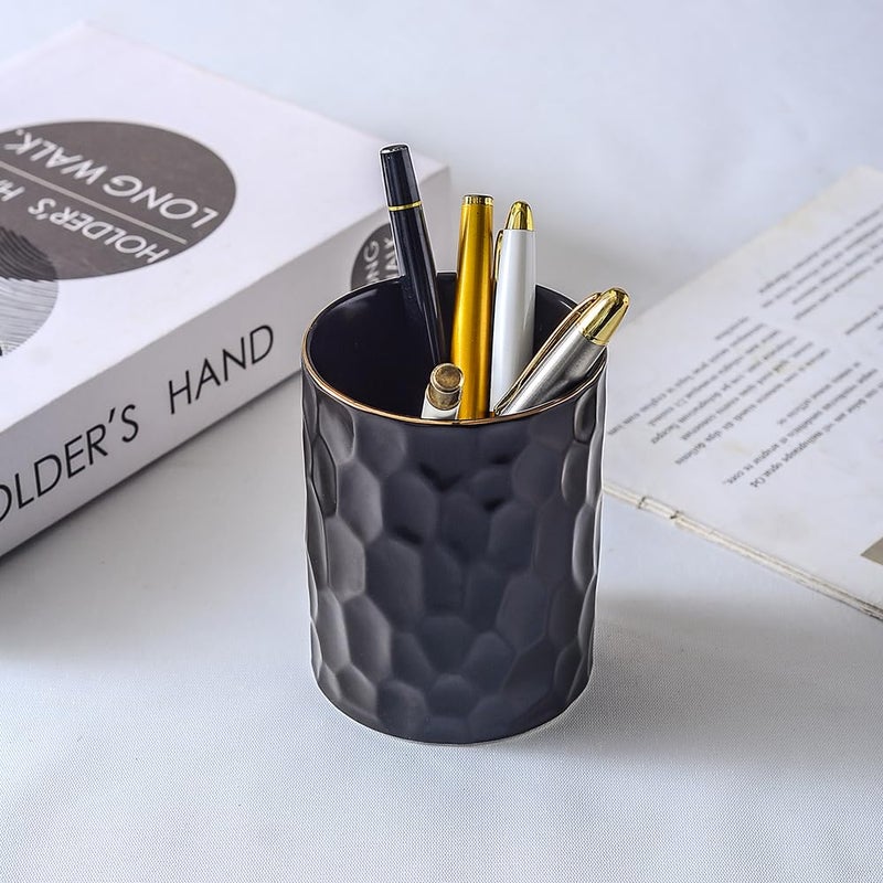 YOSCO Ceramic Aesthetic Pen Holder for Desk Cute Pencil Holder Cup Pot Desk Organizer for Men Women Makeup Brush Holder Toothbrush Holder (Black) - Image 2